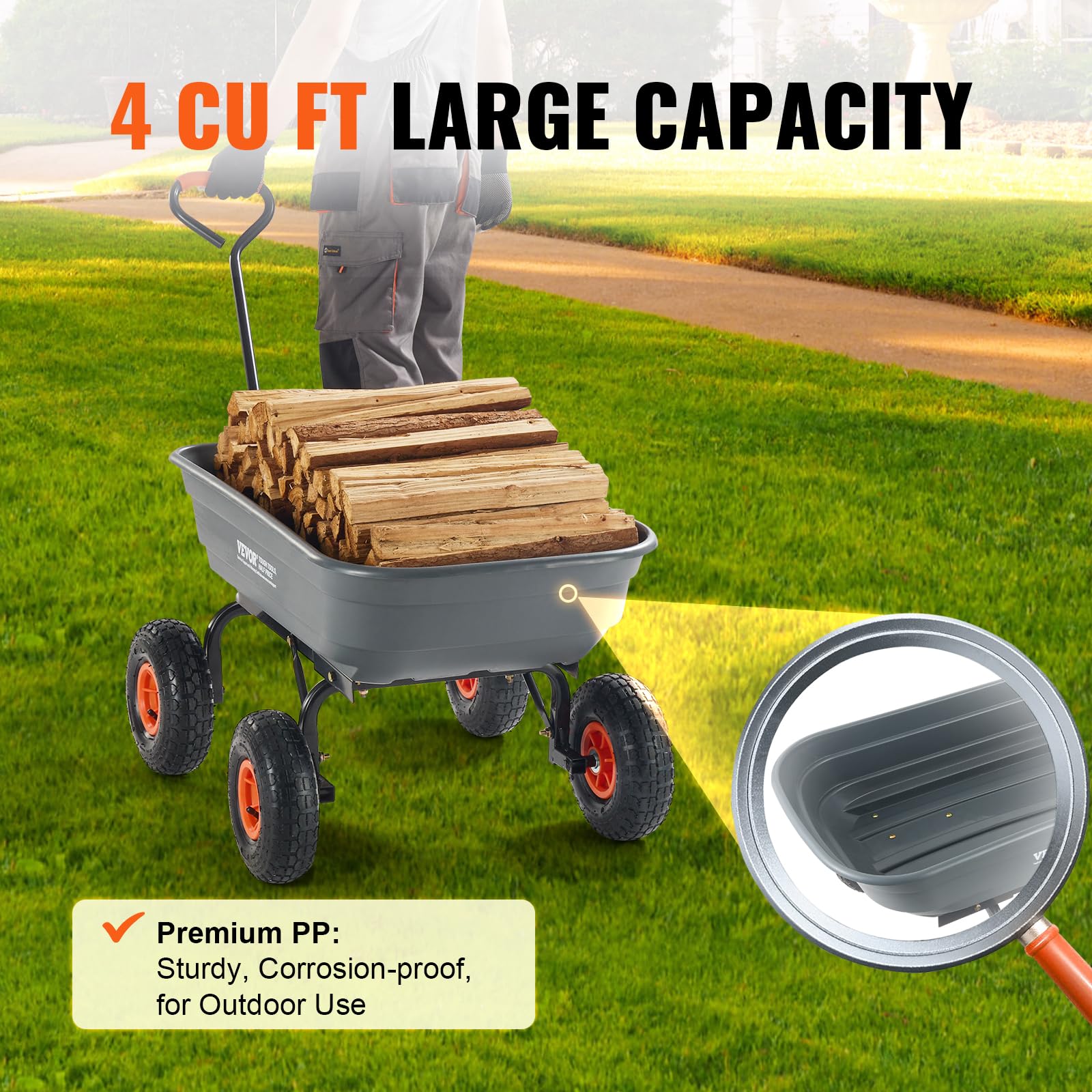 VEVOR Dump Cart, Poly Garden Dump Cart with Easy to Assemble Steel Frame, Dump Wagon with 2-in-1 Convertible Handle, Utility Wheelbarrow 600 lbs Capacity, 10 inch Tires VEVOR
