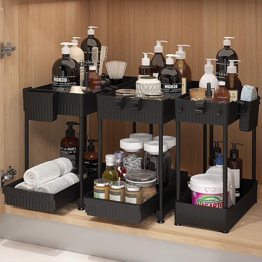 Sevenblue Under Sink Organizer 3 Pack, Bathroom Organizers, 2 Tier Multi-Use kitchen Organizers and Storage with Sliding Drawer, Hang Hooks and Cups, (Black) - Available at All In One Marketplace Canada