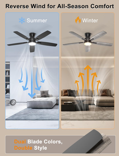 Ohniyou 52'' Ceiling Fan with Lights: Smart Fan with remote & APP Control - Low Profile Ceiling Fan with Quiet Performance - Flush Mount Outdoor Ceiling Fan (Black) - Available at All In One Marketplace Canada