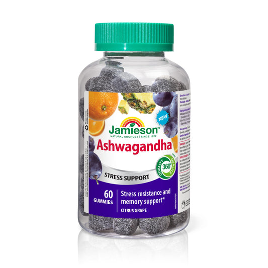 Jamieson Ashwagandha Gummy, 3000 mg, 90 Citrus Grape Gummies, Helps Increase Resistance to Stress and Improve Memory. Non-GMO, No Artificial Colours, Flavours, or Preservatives, 60 Gummies