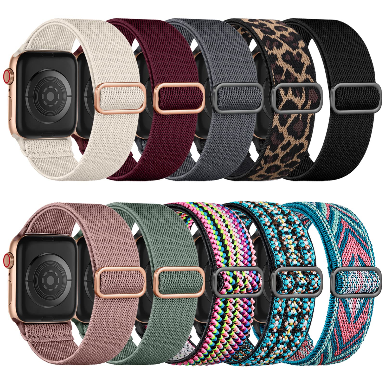 Maledan 10 Pack Stretchy Nylon Solo Loop Compatible with Apple Watch Strap 38mm 40mm 41mm 42mm Women Men, Braided Sport Elastic Bracelet for Apple Watch Band Series SE 11 10 9 8 7 6 5 4 3 2 1 Ultra