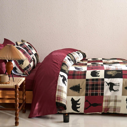 Wake In Cloud - Rustic Duvet Cover Set, Camping Christmas Farmhouse Western Patchwork Plaid Holiday Lodge Cabin RV Outdoor Wildlife Theme Bedding, 3-Piece, Burgundy Black, Queen Size 🍁 All In One Marketplace Canada