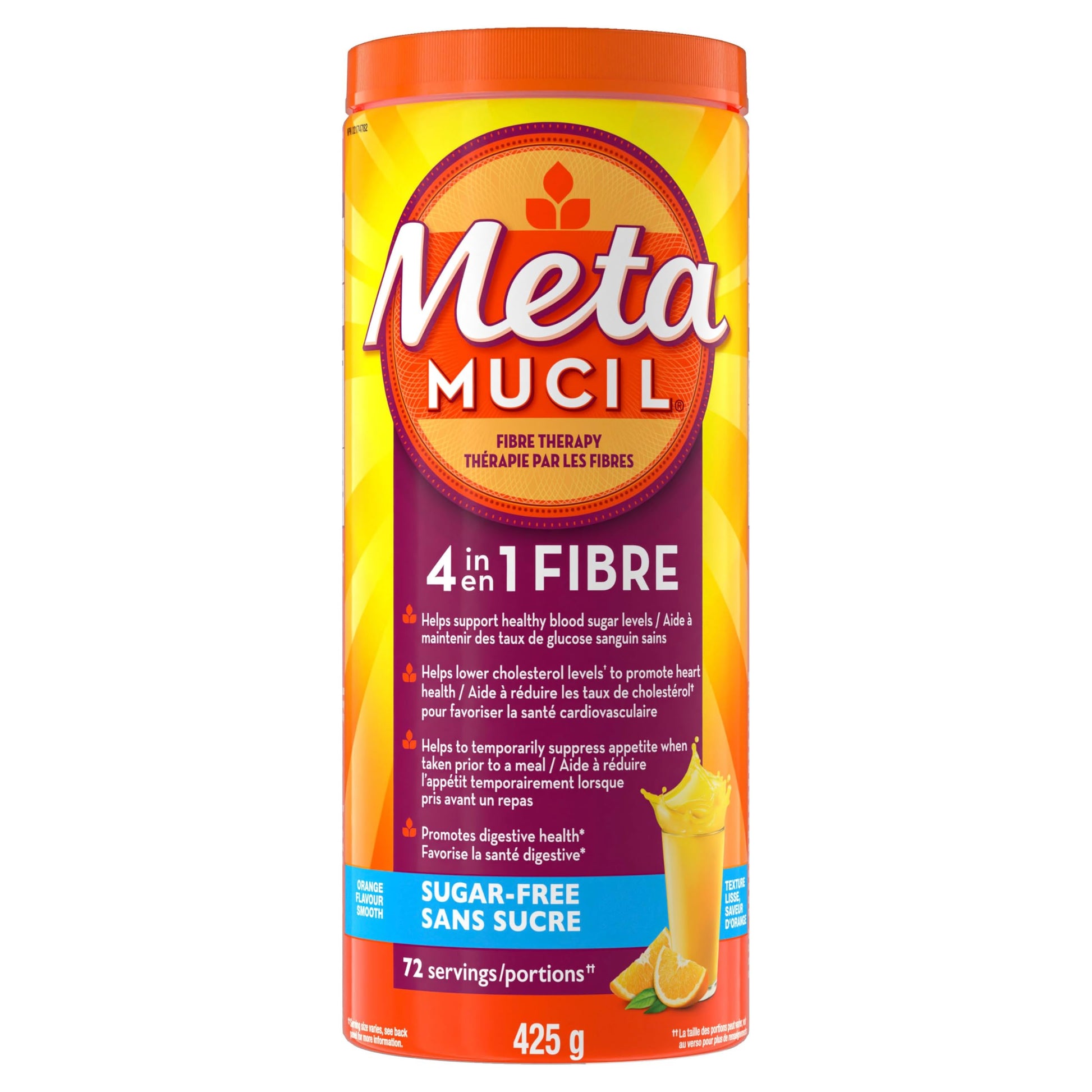 Metamucil, Daily Psyllium Husk Powder Supplement, Sugar-Free, 4-in-1 Fibre for Digestive Health, Orange Smooth Flavored Drink, 72 Servings