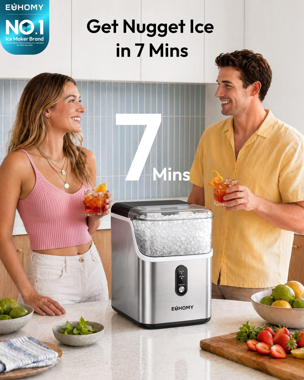 EUHOMY Nugget Ice Maker Countertop, Ready in 7 Mins, 34Lbs/24H Pebble Ice Maker Machine, Self-Cleaning Countertop Sonic Ice Makers with Ice Scoop&Basket, Pellet Ice Maker for Home, Stainless Steel
