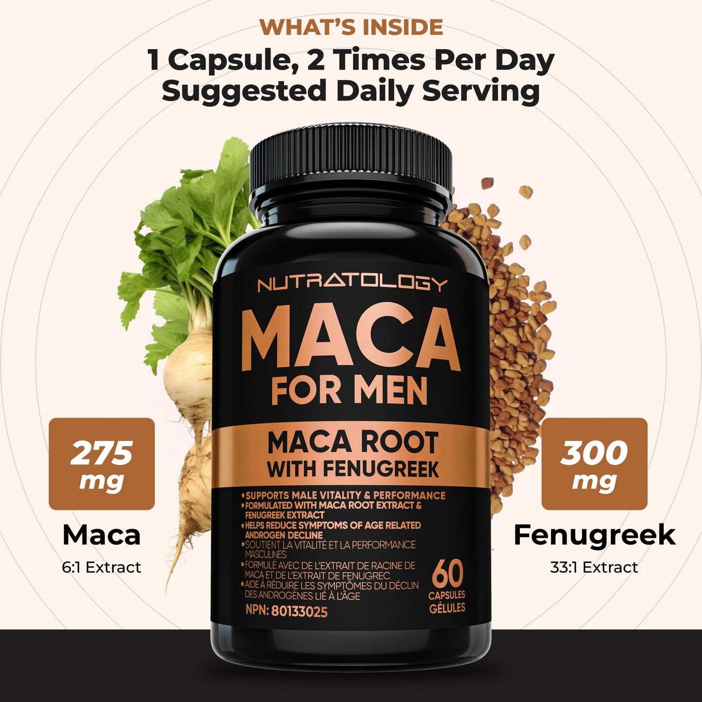 Nutratology® Maca for Men | Canadian Made | Helps Increase Stamina & Energy | Formulated with a 6:1 Extract & 33:1 Fenugreek Extract | Maca Root With Fenugreek Supplement for Men | 60 Capsules - Available at All In One Marketplace Canada
