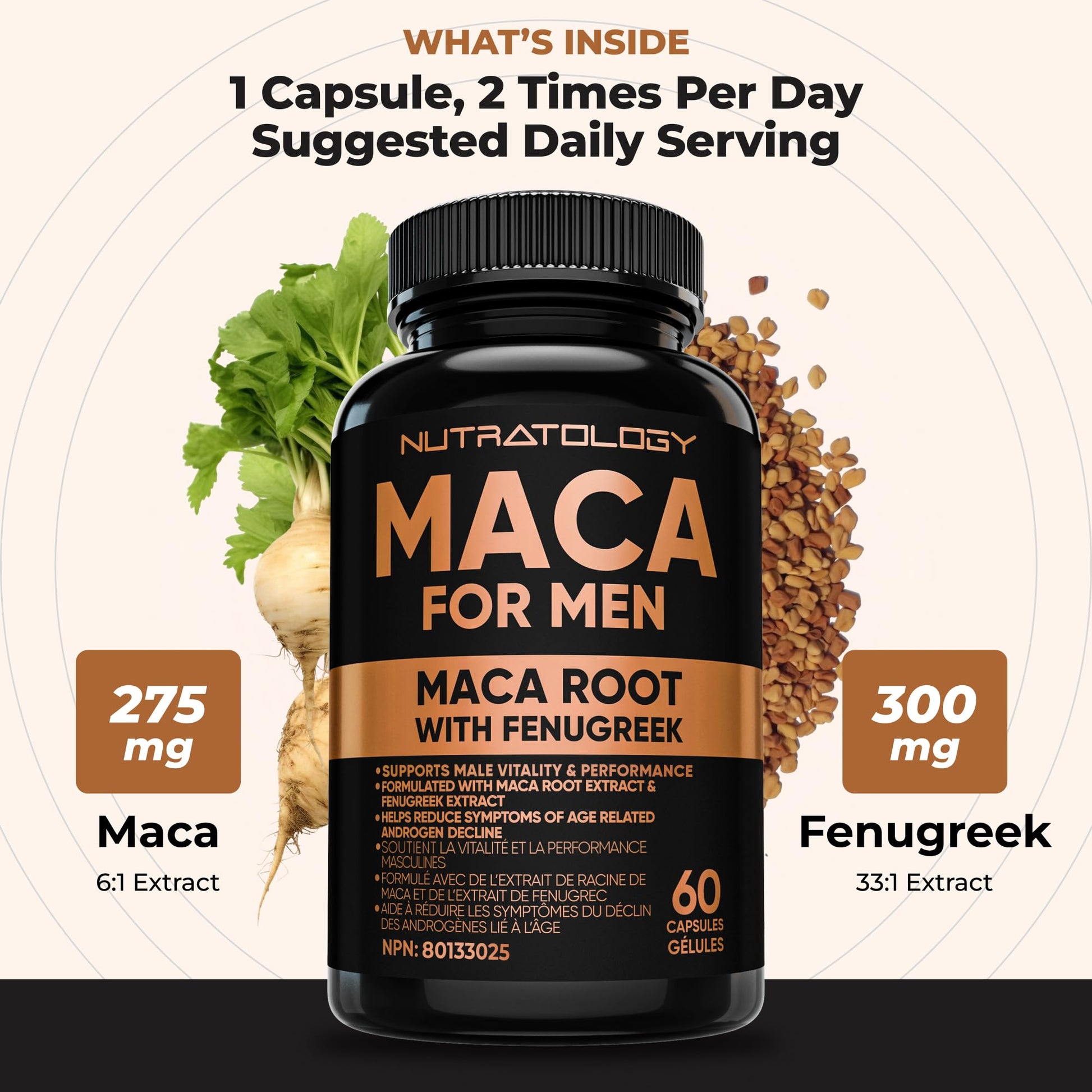 Nutratology® Maca for Men | Canadian Made | Helps Increase Stamina & Energy | Formulated with a 6:1 Extract & 33:1 Fenugreek Extract | Maca Root With Fenugreek Supplement for Men | 60 Capsules - Available at All In One Marketplace Canada