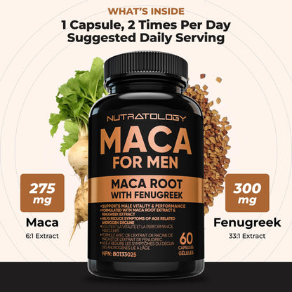 Nutratology® Maca for Men | Canadian Made | Helps Increase Stamina & Energy | Formulated with a 6:1 Extract & 33:1 Fenugreek Extract | Maca Root With Fenugreek Supplement for Men | 60 Capsules - Available at All In One Marketplace Canada