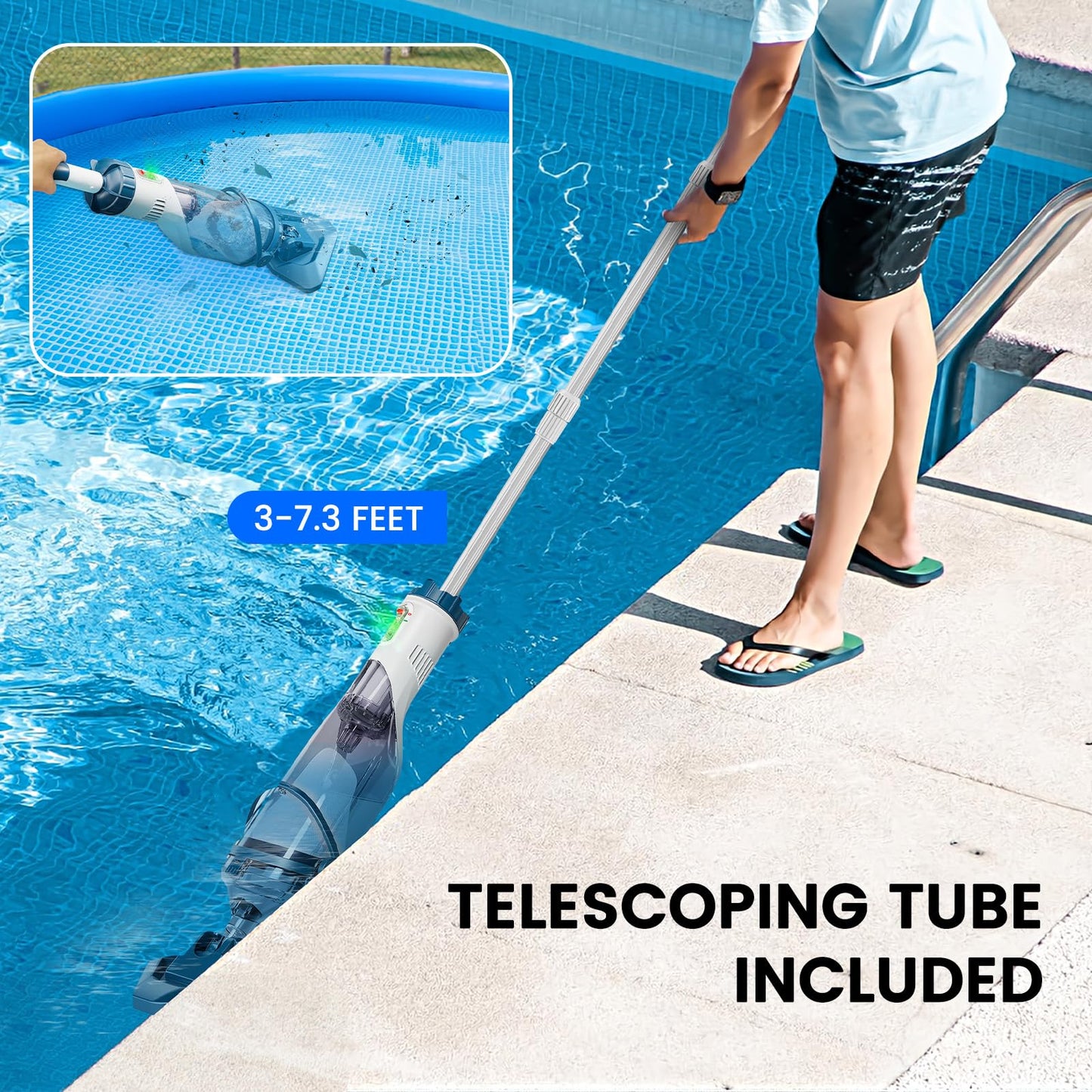 Enhulk Pool Vacuum for Above Ground Pool with Powerful Suction up to 18.5 gallons/min, Running time up to 1H, Handheld Rechargeable Pool Cleaner with a Telescopic Pole, PC10