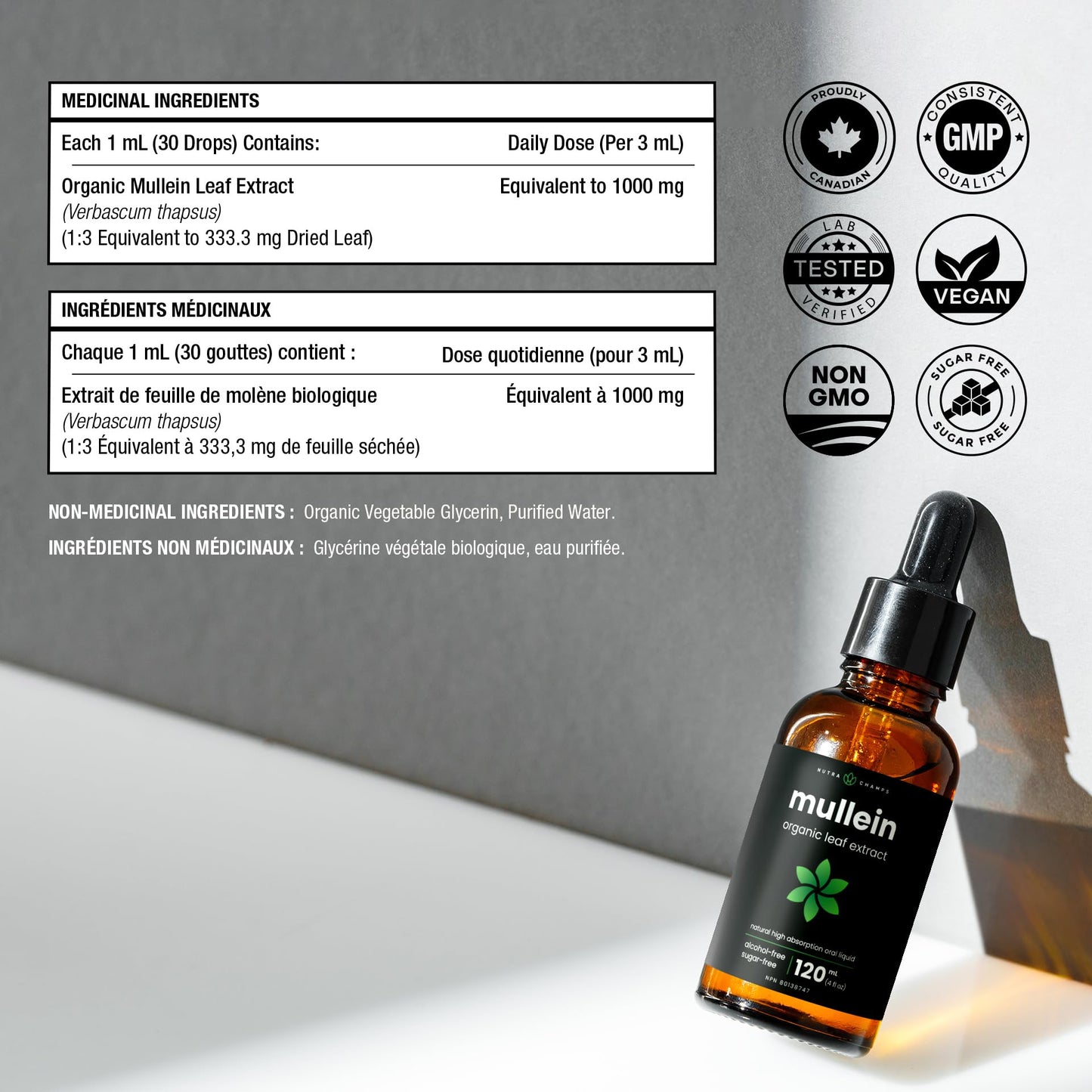 Organic Mullein Leaf Extract for Lungs - 4 Fl Oz - Herbal Tincture for Lung Cleanse & Flush - Natural Mullein Tea Alternative - Mullein Supplement Drops for Lungs - 1,000mg Equivalent Per Serving - Available at All In One Marketplace Canada