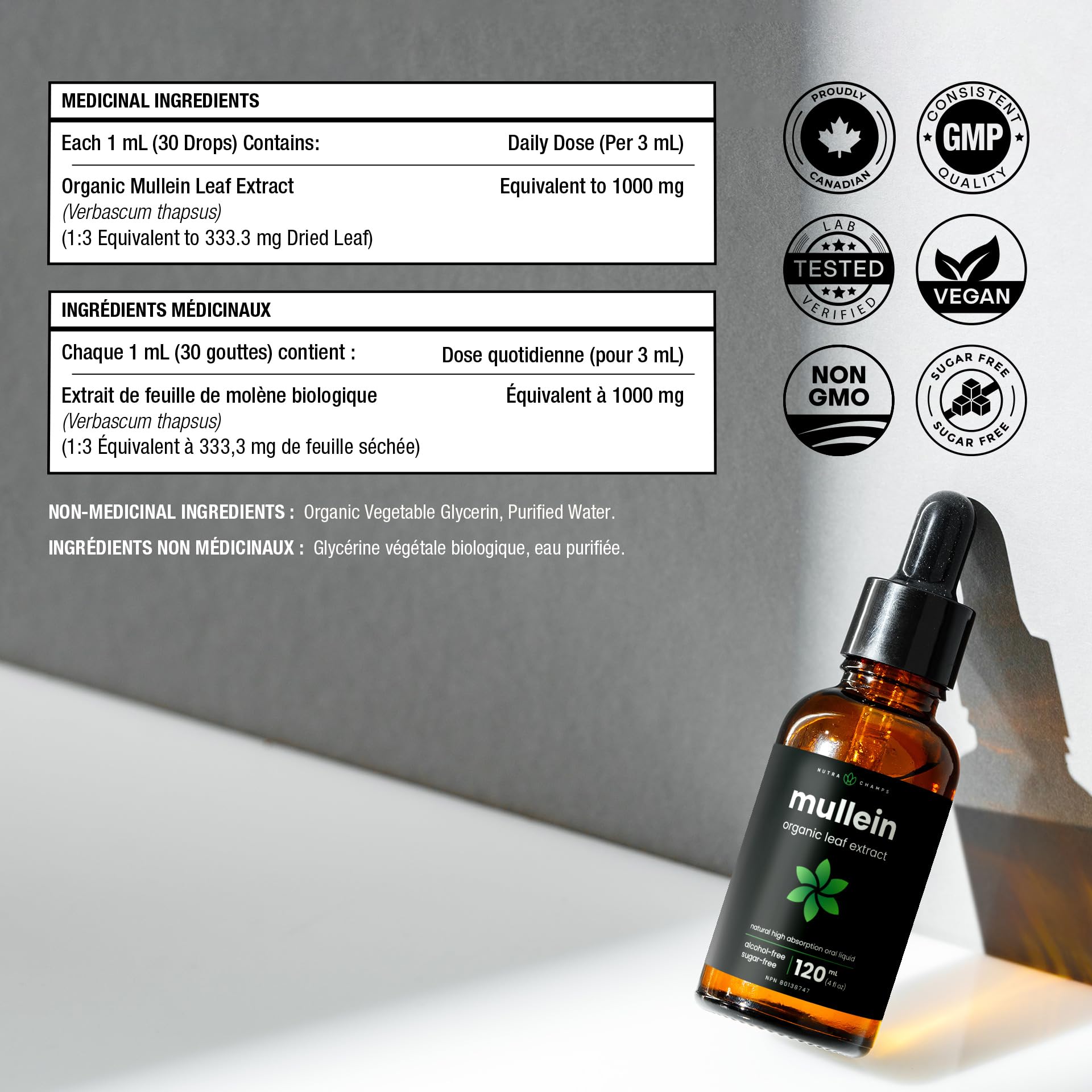 Organic Mullein Leaf Extract for Lungs - 4 Fl Oz - Herbal Tincture for Lung Cleanse & Flush - Natural Mullein Tea Alternative - Mullein Supplement Drops for Lungs - 1,000mg Equivalent Per Serving - Available at All In One Marketplace Canada