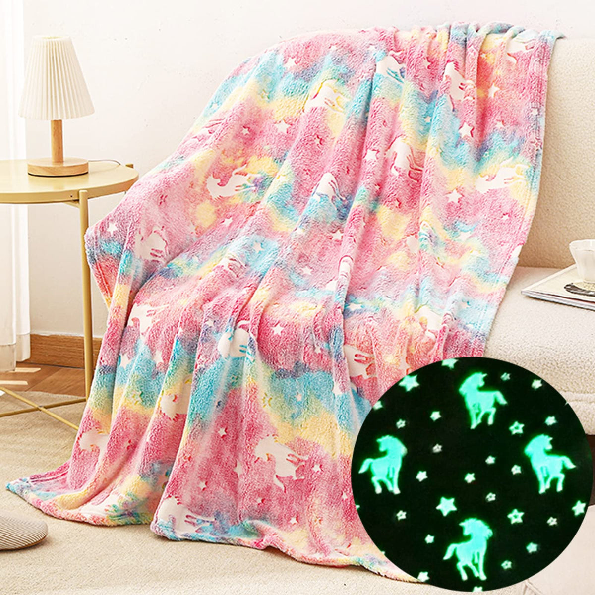 Happwow Glow in The Dark Blanket,Unicorn Blanket for Girls,Soft Throw Fuzzy Blankets Kids Rainbow Unicorn,50" x 60" Perfect for Kids Bed or Sofa,Christmas Birthday Unicorn Gifts 🍁 All In One Marketplace Canada