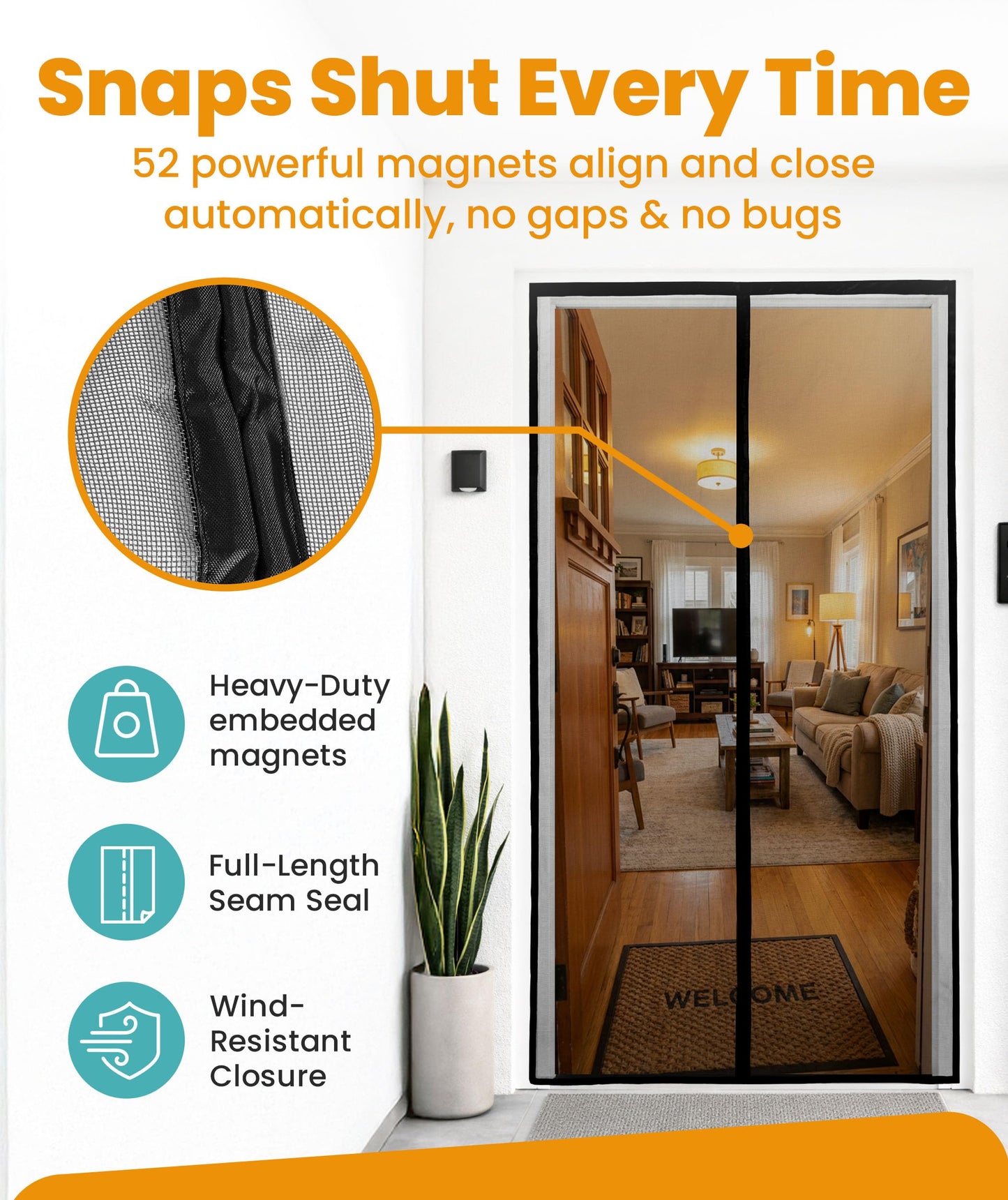 Flux Phenom Magnetic Screen Door - Bugs Out, Breeze in - 9min Install Auto-Sealing Heavy Duty Double Stitched Mesh, 52 Magnets, Hands Free Sliding & Patio Doors Net, Pet & Kid Friendly, 38 x 82 Inch