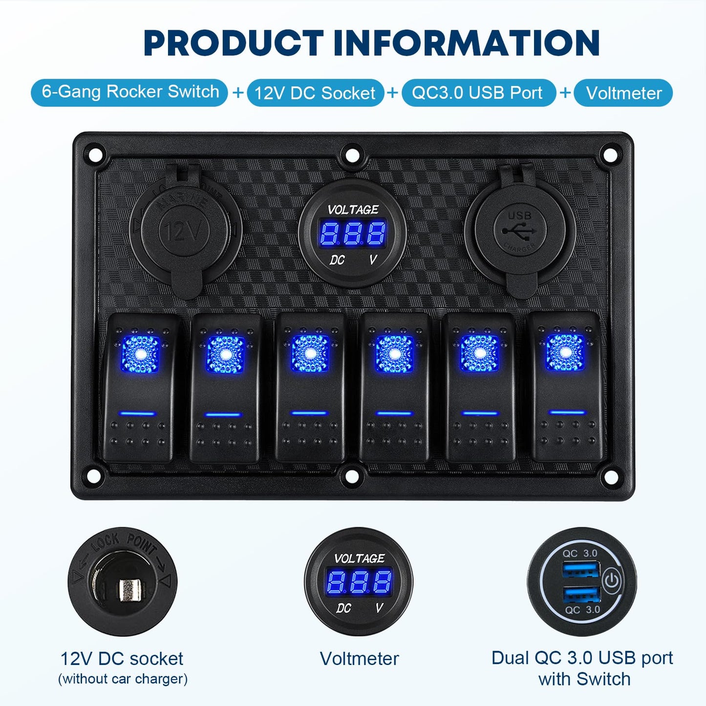 Kohree 6 Gang 12V Switch Panel with Dual QC3.0 USB Slot Socket Kohree
