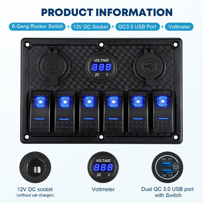 Kohree 6 Gang 12V Switch Panel with Dual QC3.0 USB Slot Socket Kohree