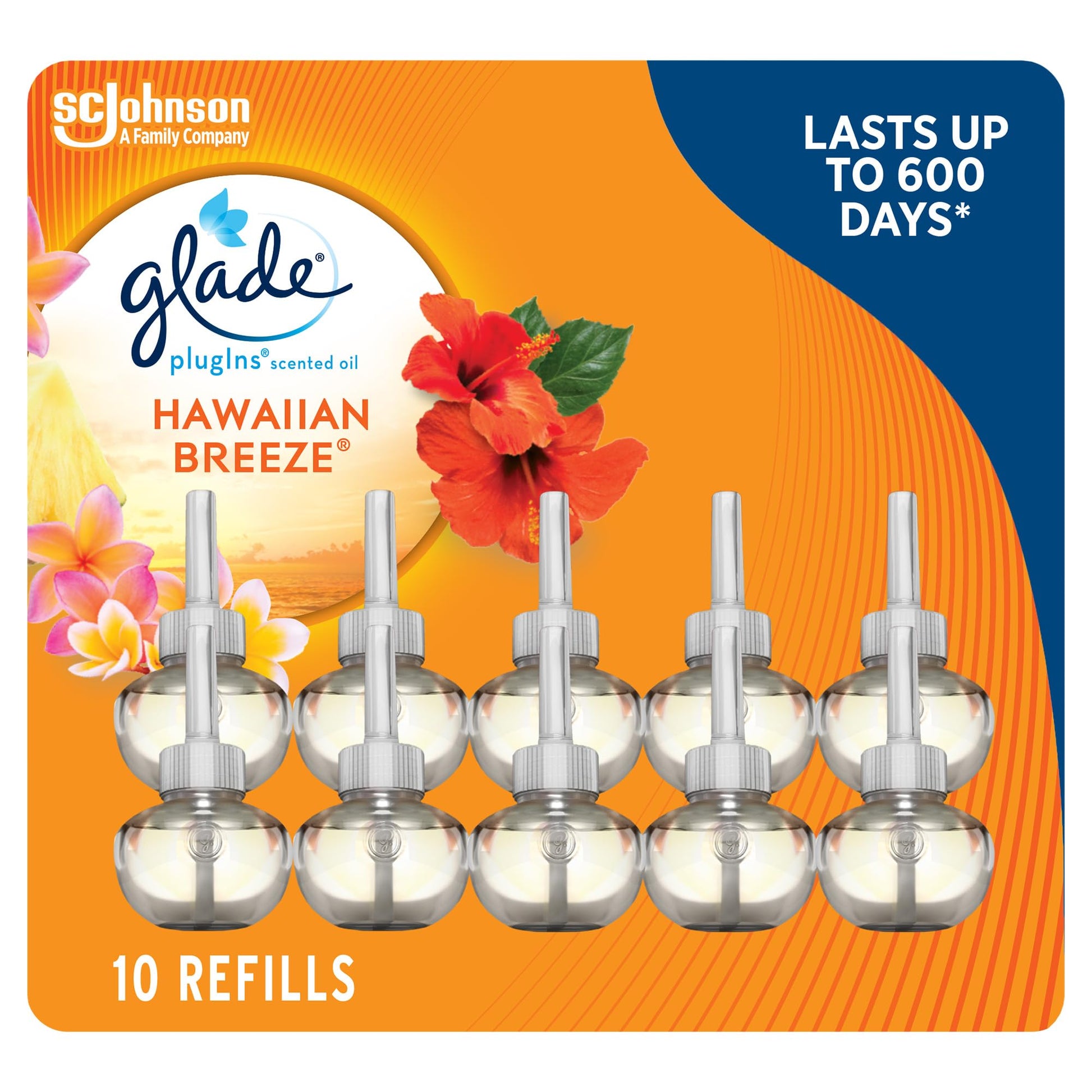 Glade PlugIns Air Freshener Oil Refill, Scented and Essential Oils for Home and Bathroom, Hawaiian Breeze, 10 Refills Glade