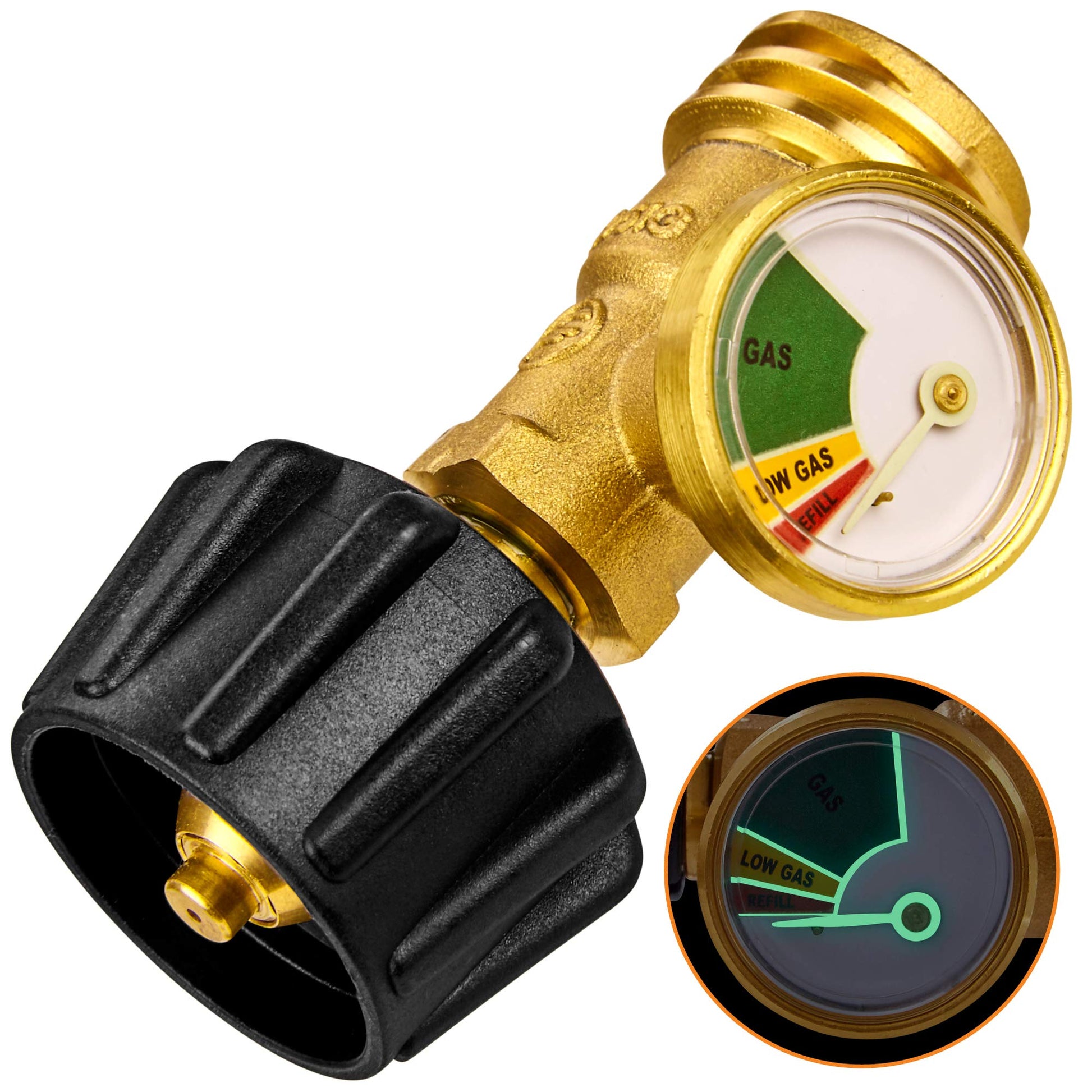 Flame King Propane Tank Gauge Level Indicator, Leak Detector Gas Pressure Meter, Color Coded & Glows in The Dark, Universal for All Cylinders, Solid Brass (2-Pack) Flame King