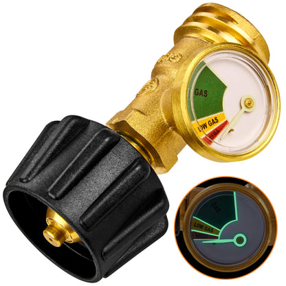 Flame King Propane Tank Gauge Level Indicator, Leak Detector Gas Pressure Meter, Color Coded & Glows in The Dark, Universal for All Cylinders, Solid Brass (2-Pack) Flame King