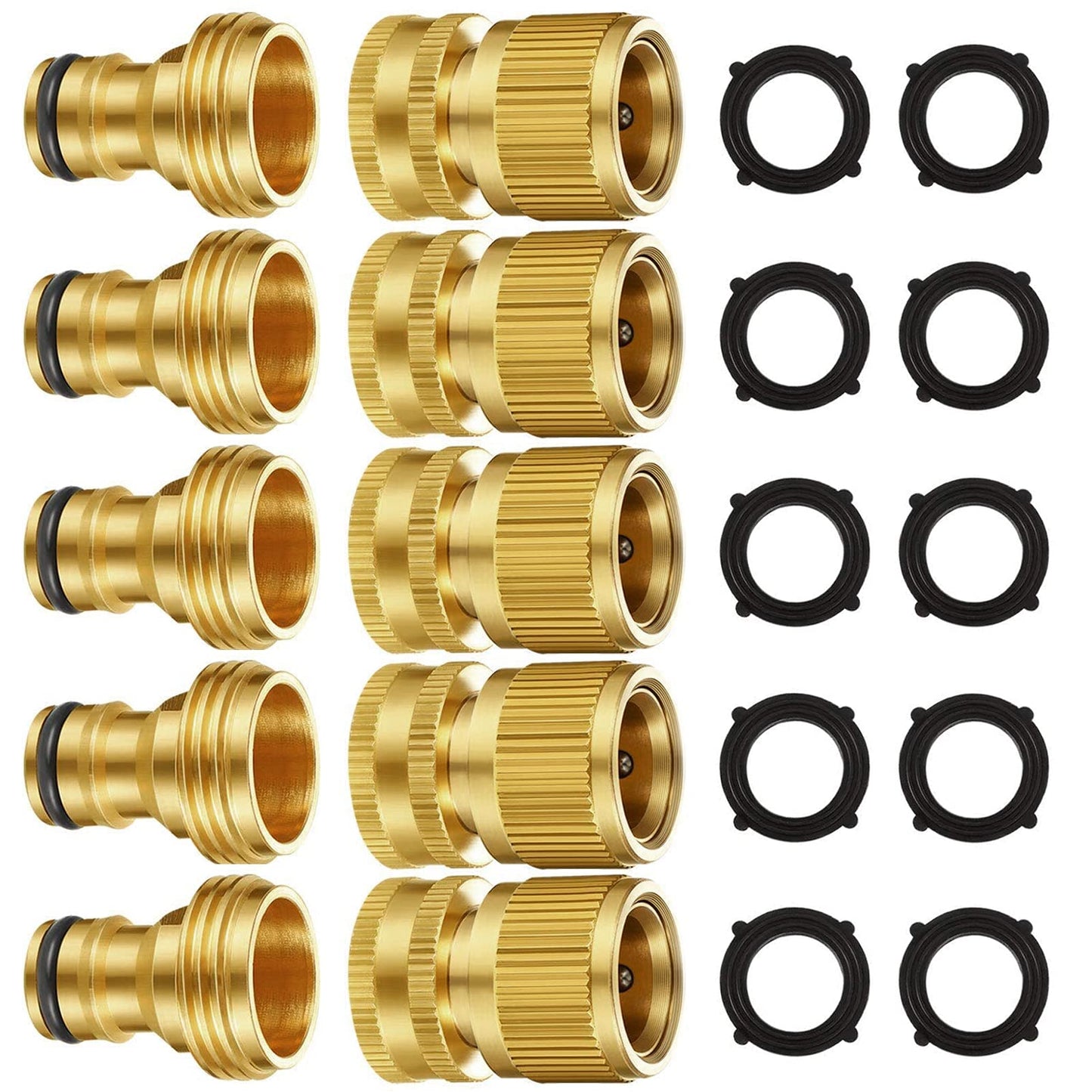 Garden Hose Quick Connectors, Solid Brass 3/4 inch GHT Thread Easy Connect Fittings No-Leak Water Hose Male Female Value Pack (5 Set) with 10pcs Extra Rubber - Available at All In One Marketplace Canada