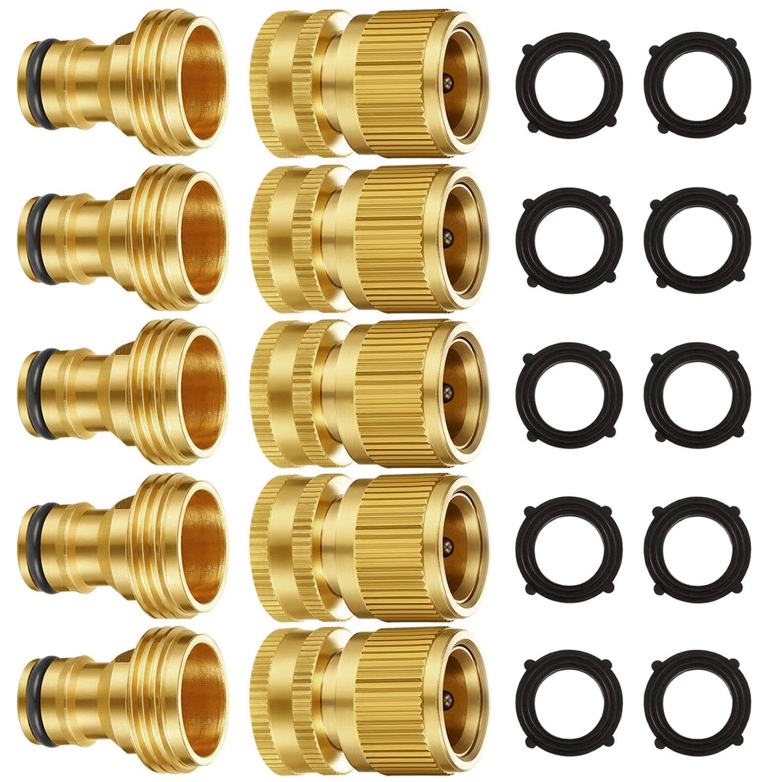 Garden Hose Quick Connectors, Solid Brass 3/4 inch GHT Thread Easy Connect Fittings No-Leak Water Hose Male Female Value Pack (5 Set) with 10pcs Extra Rubber - Available at All In One Marketplace Canada