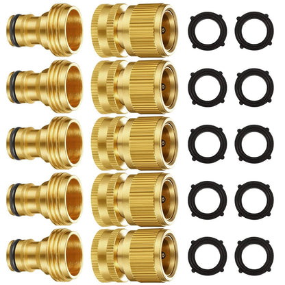 Garden Hose Quick Connectors, Solid Brass 3/4 inch GHT Thread Easy Connect Fittings No-Leak Water Hose Male Female Value Pack (5 Set) with 10pcs Extra Rubber - Available at All In One Marketplace Canada