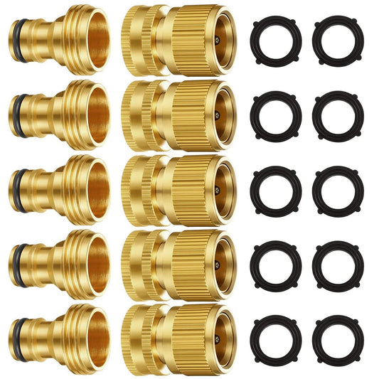 Garden Hose Quick Connectors, Solid Brass 3/4 inch GHT Thread Easy Connect Fittings No-Leak Water Hose Male Female Value Pack (5 Set) with 10pcs Extra Rubber - Available at All In One Marketplace Canada
