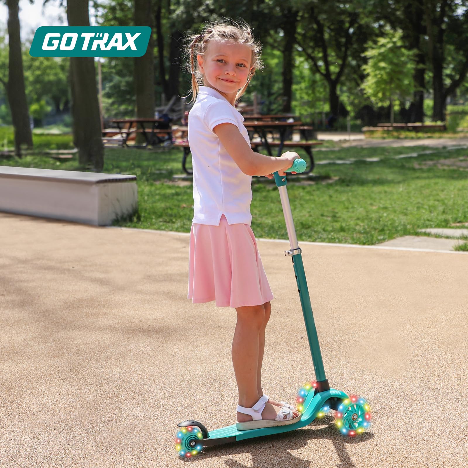 Gotrax KS1 Kids Kick Scooter, LED Lighted Wheels and 3 Adjustable Height Handlebars, Lean-to-Steer & Widen Anti-Slip Deck, 3 Wheel Scooter for Boys & Girls Ages 3+ and up to 100 Lbs (Green)