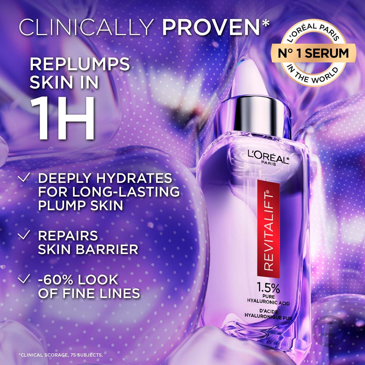 L’Oréal Paris 1.5% Pure Hyaluronic Acid Serum, Hydrates and Plumps Skin, Reduces the Look of Wrinkles, Revitalift Face Serum, For All Skin Tones & Types, Fragrance Free, Non Comedogenic, 30ml - Available at All In One Marketplace Canada