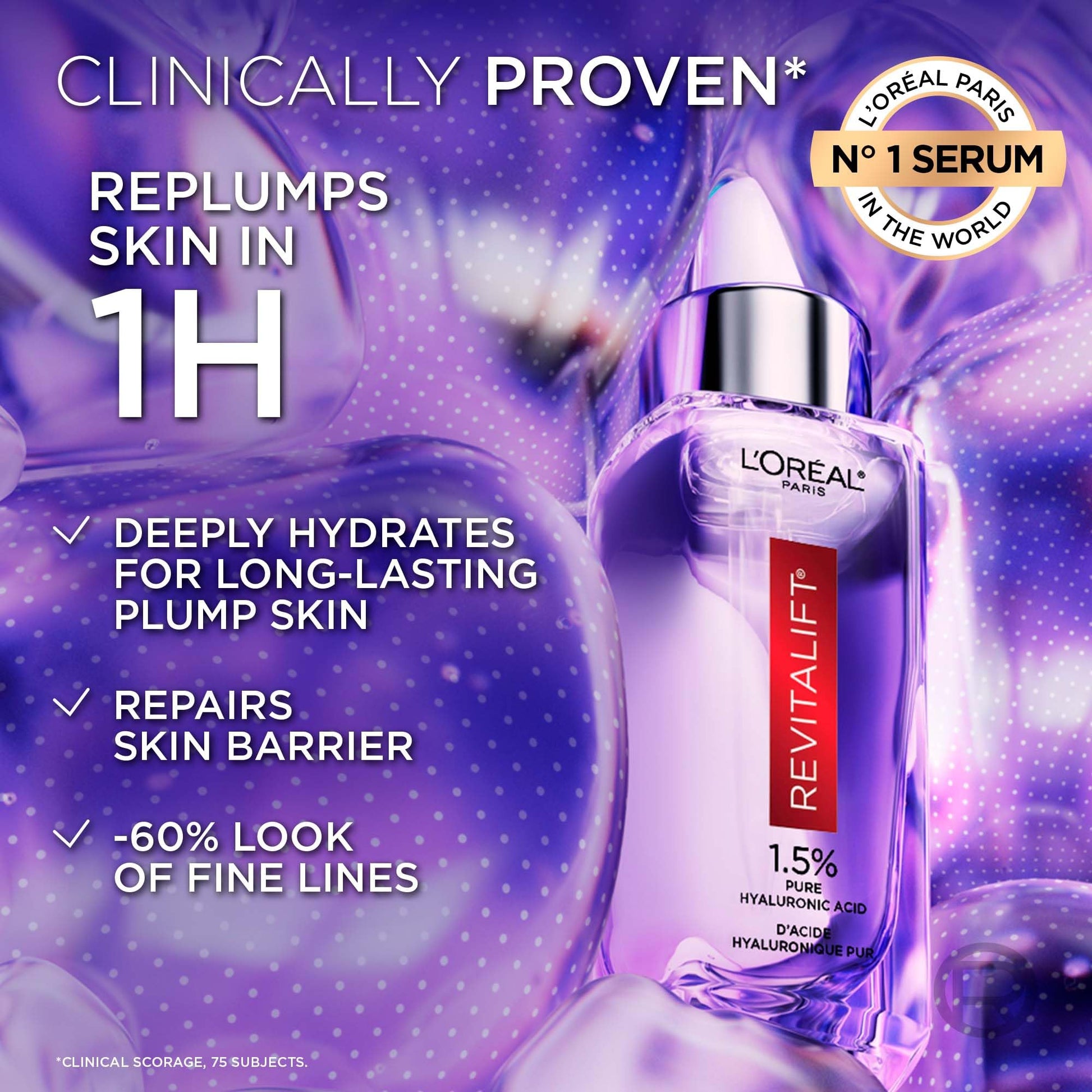 L’Oréal Paris 1.5% Pure Hyaluronic Acid Serum, Hydrates and Plumps Skin, Reduces the Look of Wrinkles, Revitalift Face Serum, For All Skin Tones & Types, Fragrance Free, Non Comedogenic, 30ml - Available at All In One Marketplace Canada