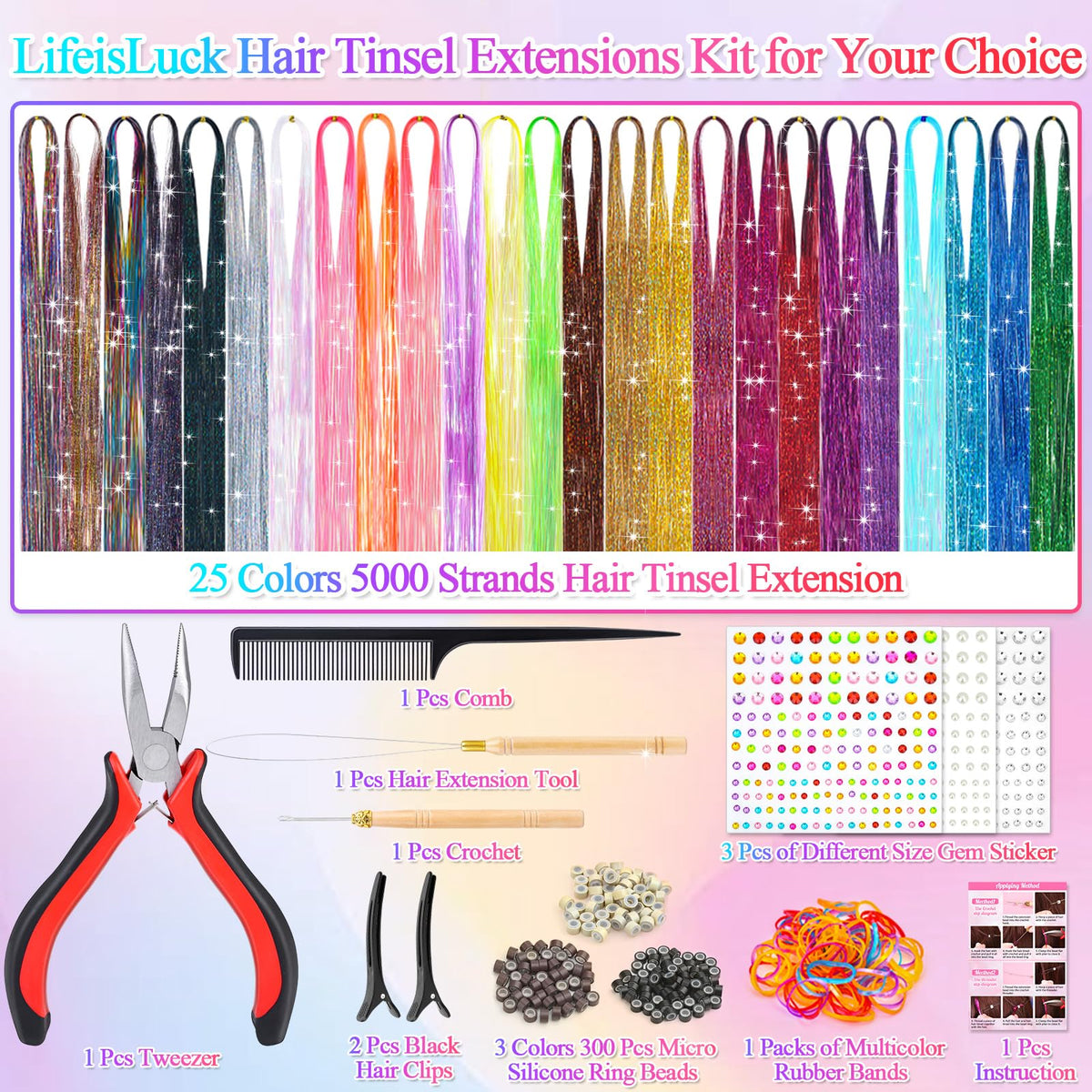 25 Colors Fairy Hair Tinsel Kit 5000 Hair Glitter Strands 48 Inch Heat Resistant Tinsel Hair Extensions Sparkling Shiny Highlights Hair Tinsel with Tools for Christmas Halloween New Year Cosplay Party 🍁 All In One Marketplace Canada