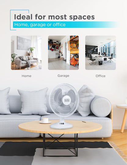 BLACK+DECKER Desk Fan for Home and Office, 12” Fan with 3 Speed Settings, Oscillating Portable Fan for Office Desk, Table Top and Kitchen Table with Adjustable Tilt, White
