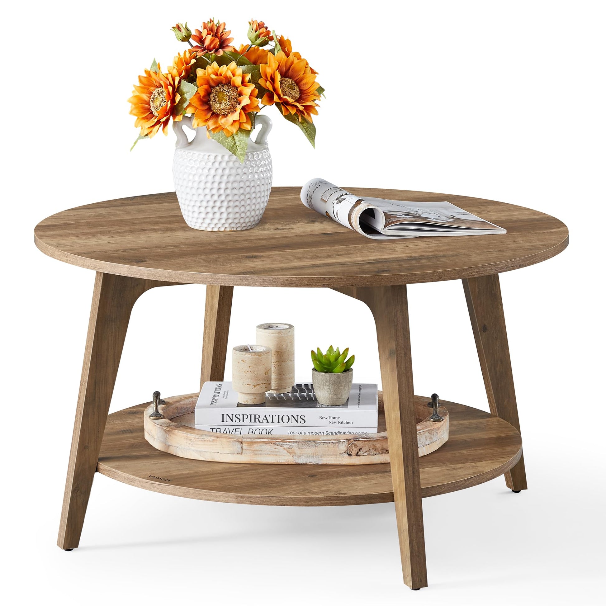 VASAGLE MAEZO Collection - Round Coffee Table, 2-Tier Center Table with Storage, Tapered Legs, Curved Transitions, 80 x 45 cm, Easy Assembly, for Living Room, Honey Brown ULCT243K41 VASAGLE