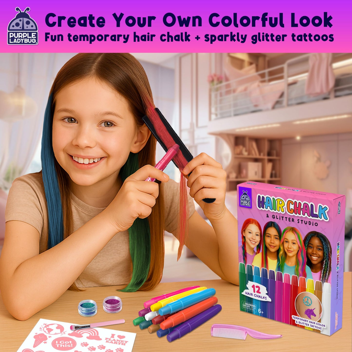 PURPLE LADYBUG Hair Chalk for Kids - 12 Safe Vibrant Temporary Hair Color for Kids - Girls Gifts 8-12 Years, 6 7 8 9 10 Year Old Girl Gift Idea - Tween & Teen Girl Gifts - Available at All In One Marketplace Canada