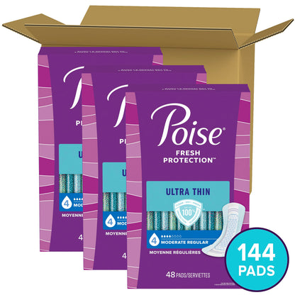 Poise Ultra Thin Incontinence Pads & Postpartum Incontinence Pads, 4 Drop Moderate Absorbency, Regular Length, 144 Count (3 Packs of 48) 🍁 All In One Marketplace Canada