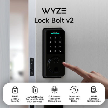 Wyze Auto-Lock Bolt v2, Fingerprint Keyless Entry Smart Lock, AI Learning Scanner with Wi-Fi Front Door Lock Deadbolt, Auto-Lock, 8 Months Battery, BHMA2, IP53, Anti-Peep Keypad, Backup Keys WYZE