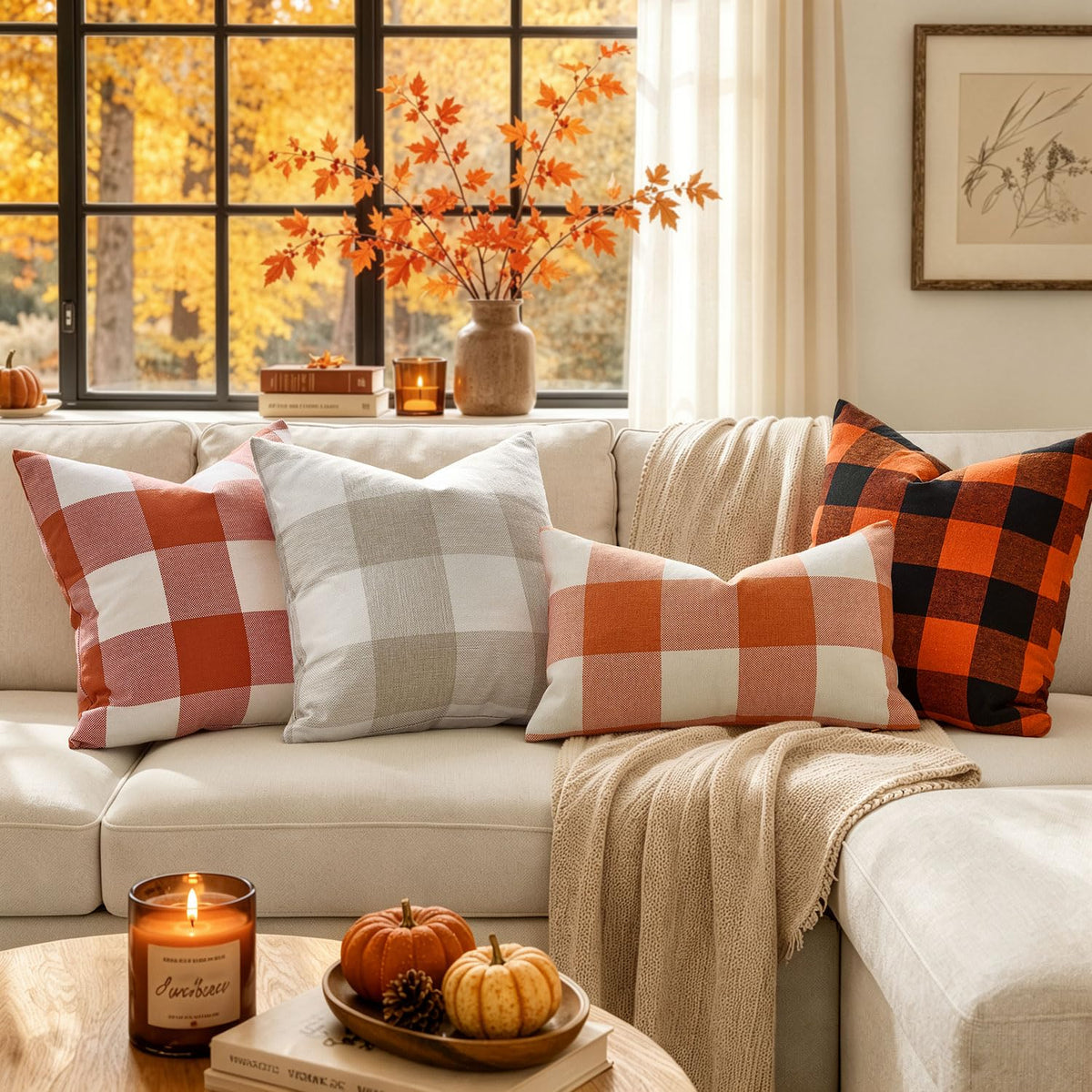 MIULEE Pack of 2 Farmhouse Buffalo Check Plaids Polyester Linen Soft Soild Decorative Square Throw Pillow Covers Home Decor Cushion Case for Christmas Sofa Bedroom 18x18 Inch Cream White and White 🍁 All In One Marketplace Canada
