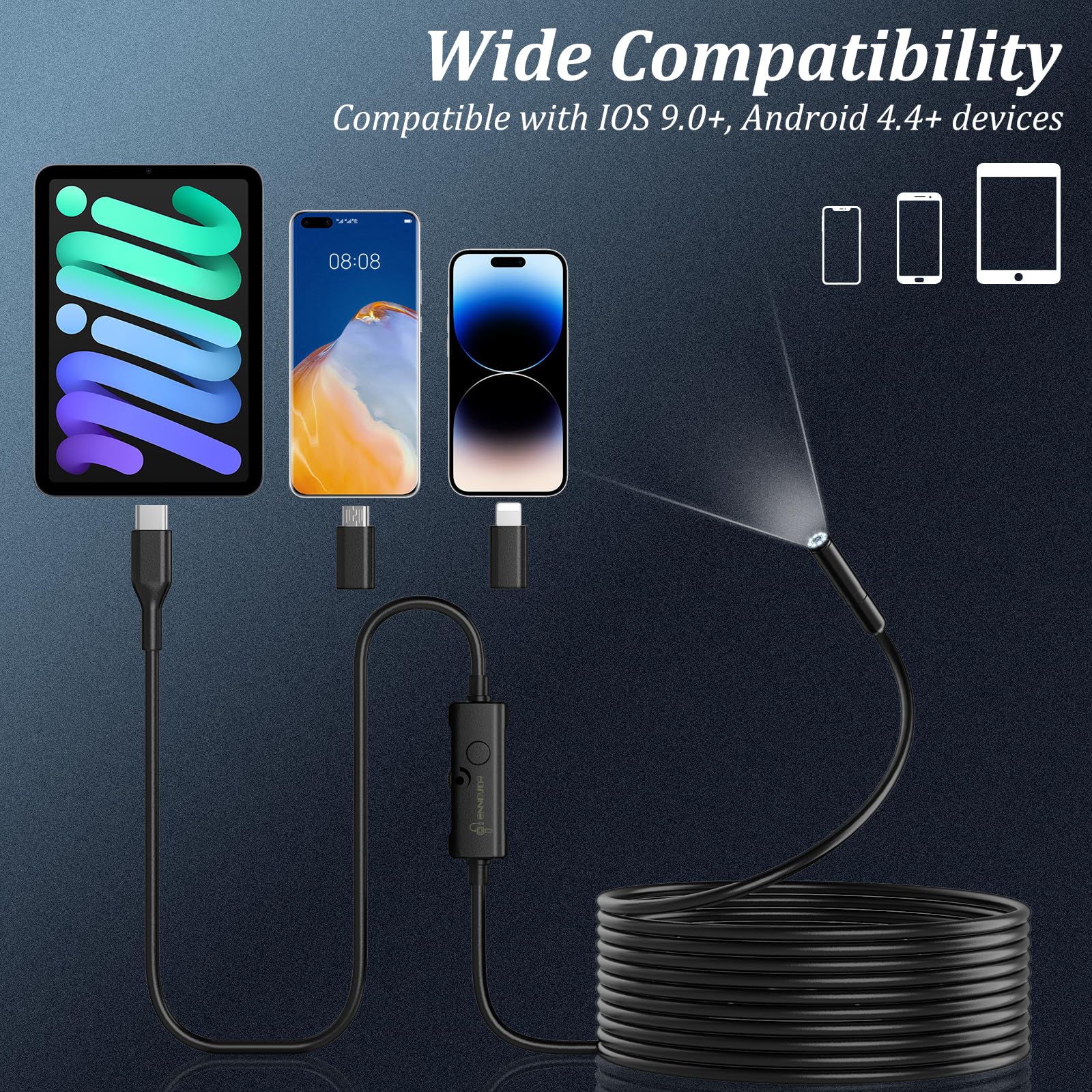 Endoscope Camera with Light, Ennovor 1920P HD, Endoscope Inspection with 8 Adjustable LED Lights, Borescope with Flexible Rigid Snake Camera, IP67 Waterproof and No WiFi Required, for Android iOS