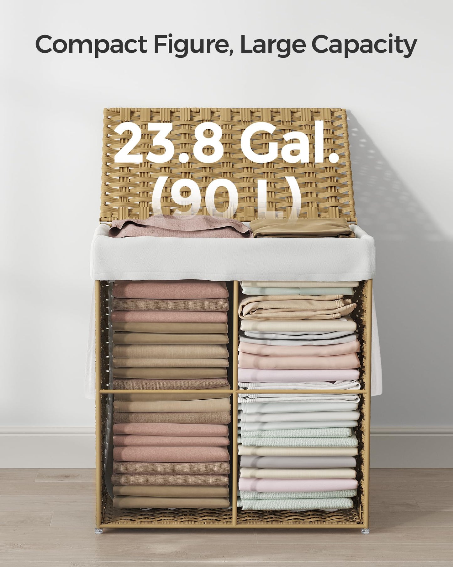SONGMICS Laundry Hamper with Lid, 23.8 Gallon (90 L) Synthetic Rattan Clothes Laundry Basket with Lid and Handles, Foldable, Removable Liner, Natural ULCB051N01V1 SONGMICS