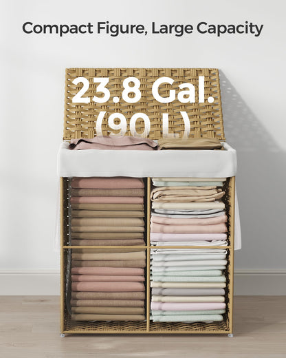 SONGMICS Laundry Hamper with Lid, 23.8 Gallon (90 L) Synthetic Rattan Clothes Laundry Basket with Lid and Handles, Foldable, Removable Liner, Natural ULCB051N01V1 SONGMICS