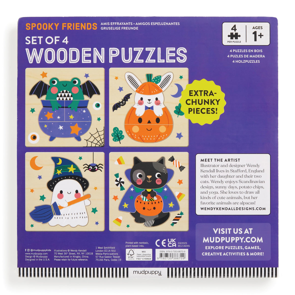 Mudpuppy Halloween – Set of 4 Wooden 4 Piece Puzzles Featuring A Colorful Halloween Scene with Adorable Characters
