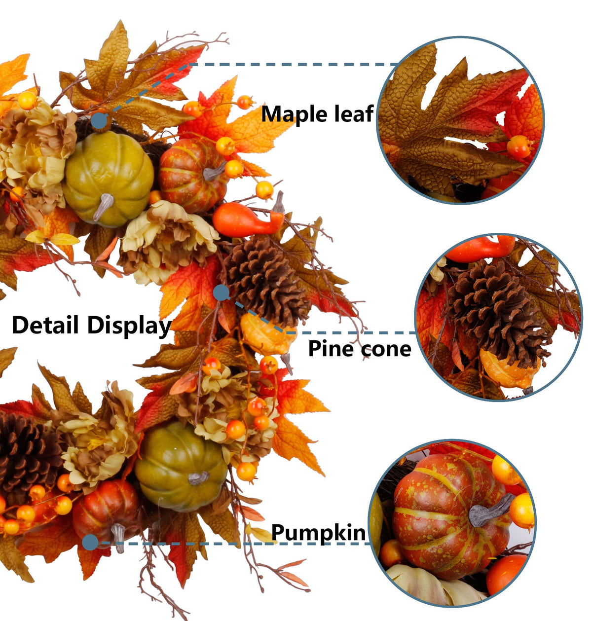 Couronne d'automne SOFTFLAME de 50 cm pour porte d'entrée, couronne artificielle automnale avec citrouille, pommes de pin, feuilles d'érable et baies, idée cadeau pour la décoration de la maison pour Halloween et Thanksgiving