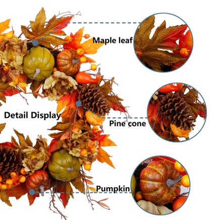 Couronne d'automne SOFTFLAME de 50 cm pour porte d'entrée, couronne artificielle automnale avec citrouille, pommes de pin, feuilles d'érable et baies, idée cadeau pour la décoration de la maison pour Halloween et Thanksgiving