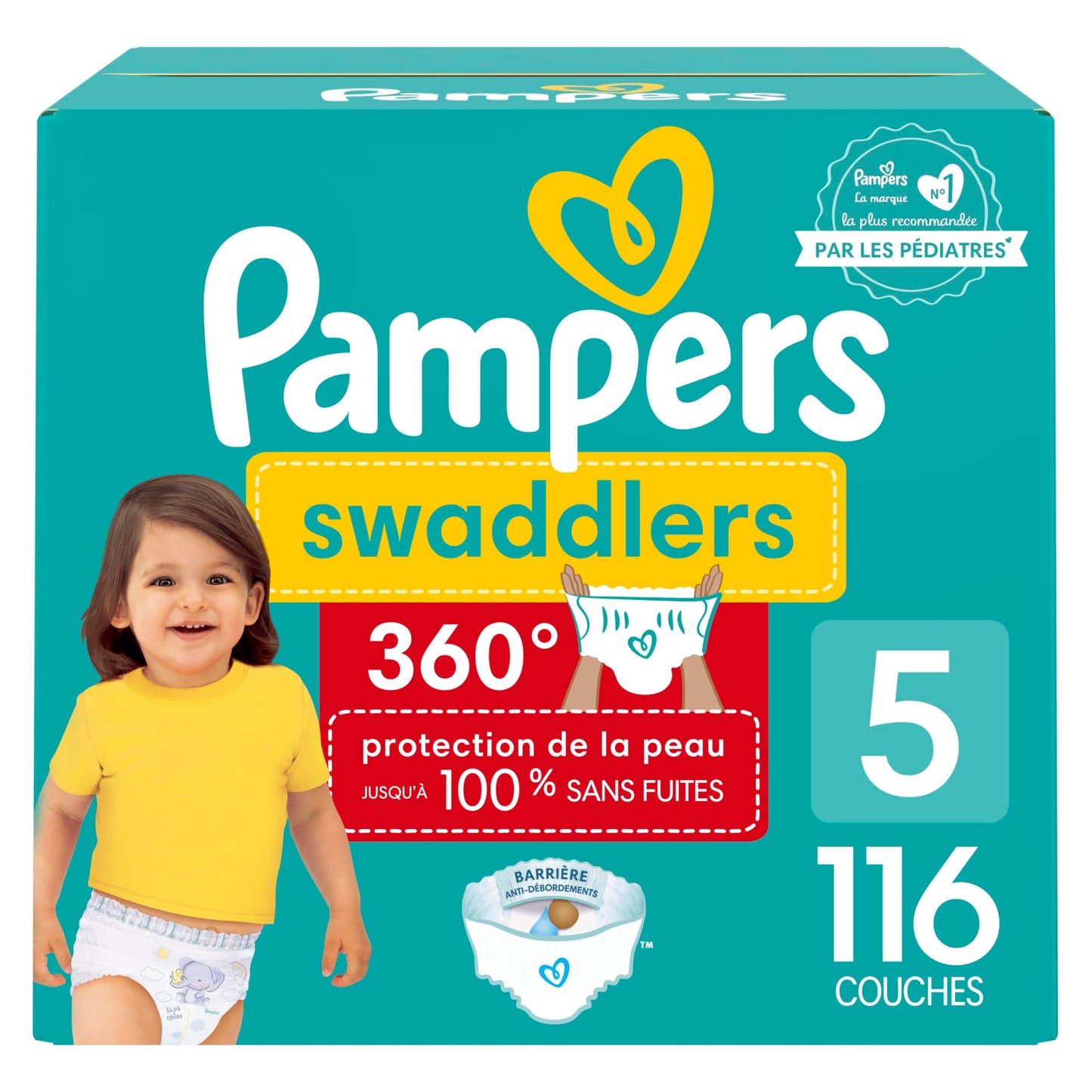 Pampers Diapers - Swaddlers 360° - Size 5, up to 100% Leakproof Comfy Dry Fit, EZ Off Tabs Designed for Easy Changes, Pull On Diaper, 1 Pack (Count of 116)