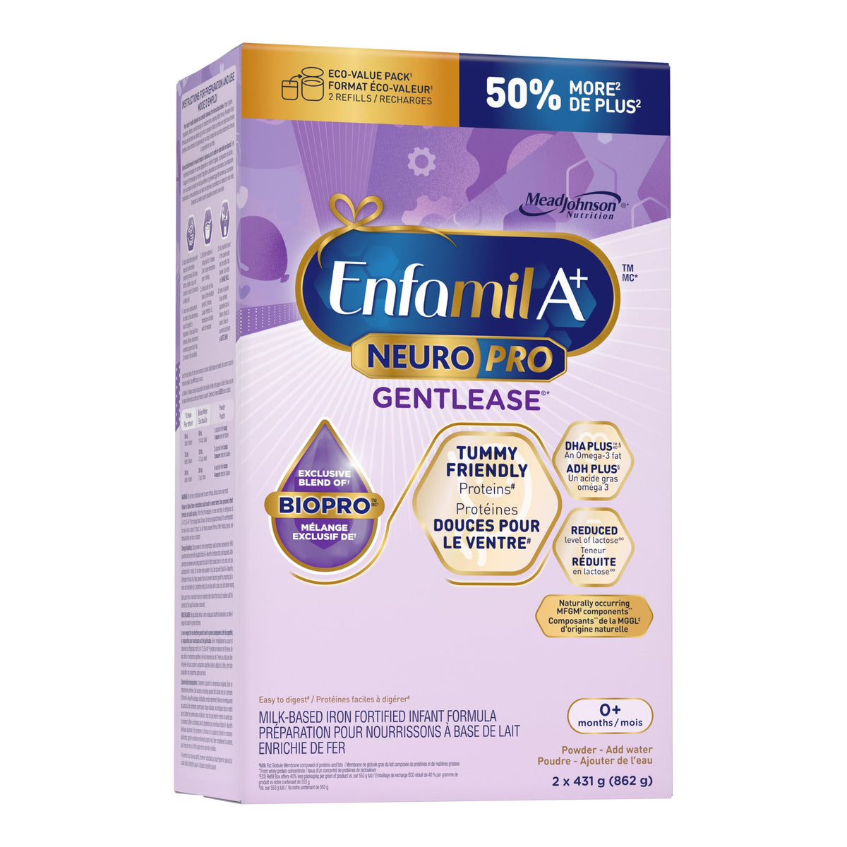 Enfamil A+ NeuroPro Gentlease, Baby Formula, Powder Refill Carton, with Brain Building DHA, 0+ Months, 2 x 431g (862g)