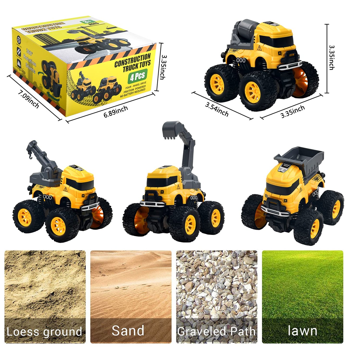 Construction Monster Truck Toys - 4pcs Excavator, Mixer, Crane, Dump Trucks Toy | Push and Go Friction Powered Cars Stunt Vehicles Playset | Kids Birthday Party Favors Gifts for 3+ Year Old Boys Girls - Available at All In One Marketplace Canada