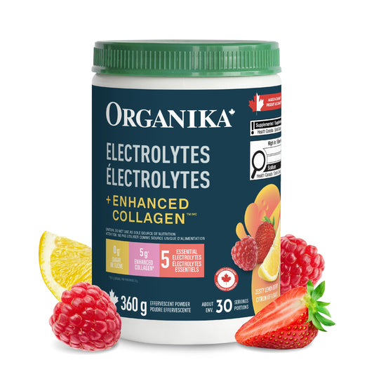 Organika Canadian-Made Electrolytes + Enhanced Collagen - Daily Hydration Powder with 5g of Collagen for Hair, Skin and Nails, 100% of Daily Vitamin C, Zesty Lemon Berry Flavour, 360 g, 30 Servings