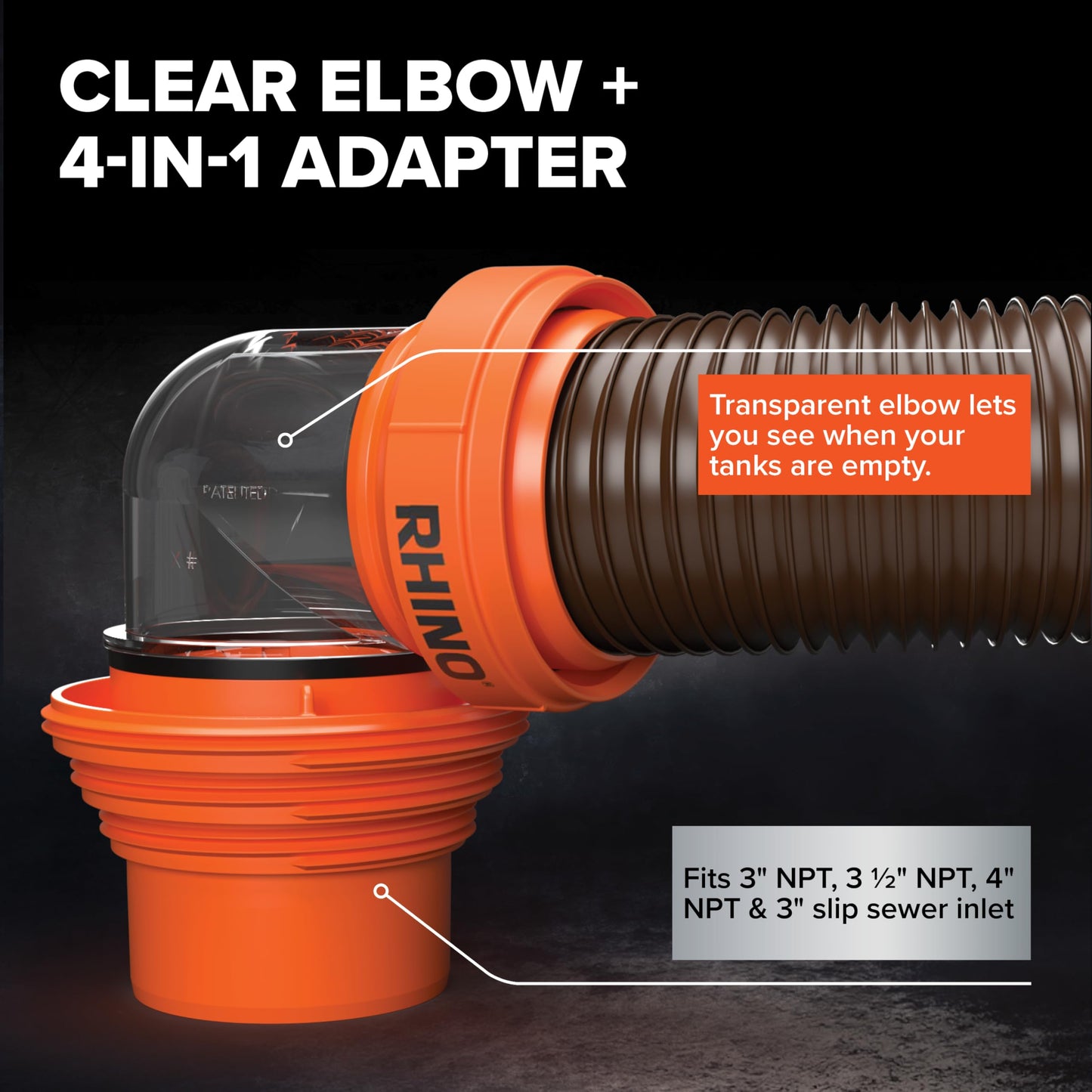 Camco RhinoFLEX 15' Camper/RV Sewer Hose Kit — Includes 4-in-1 Adapter, Clear Elbow, & Caps — Connects to 3″ Slip & 3″, 3 1/2″, 4″ NPT Threaded Sewer Connections (39770)