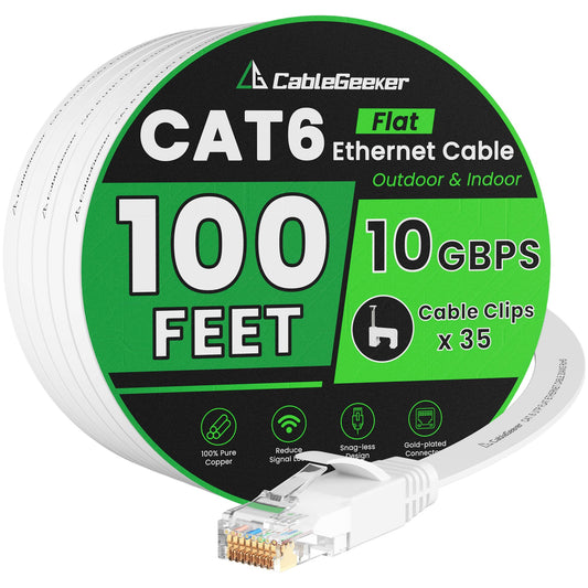 Cat 6 Ethernet Cable 100ft - High Speed 10Gbps, Indoor&Outdoor, Slim Flat Design, Supports Cat7 Network - for Router, Modem, PS4/5, Xbox - White, Weatherproof, Includes 35 Clips & 4 Straps - Available at All In One Marketplace Canada