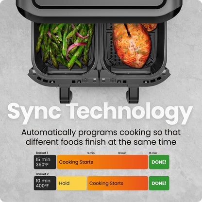 CHEFMAN 6 Quart Dual Basket Air Fryer Oven with Easy View Windows, Sync Finish, Hi-Fry, Auto Shutoff, 2 Independent 3Qt Nonstick Dishwasher Safe Frying Baskets, Digital Double Air Fryer - Black - Available at All In One Marketplace Canada