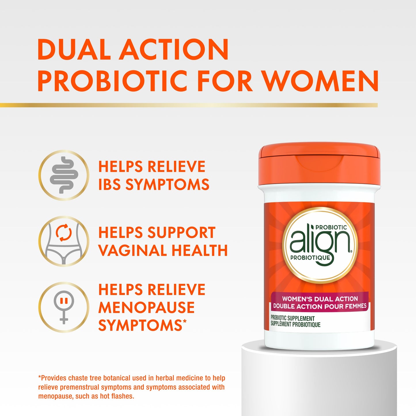 Align Probiotic, Women's Dual Action, Multi-Strain Probiotic, with Chaste Tree, Soothes Occasional Abdominal Discomfort, Gas, Bloating, 28 Capsules