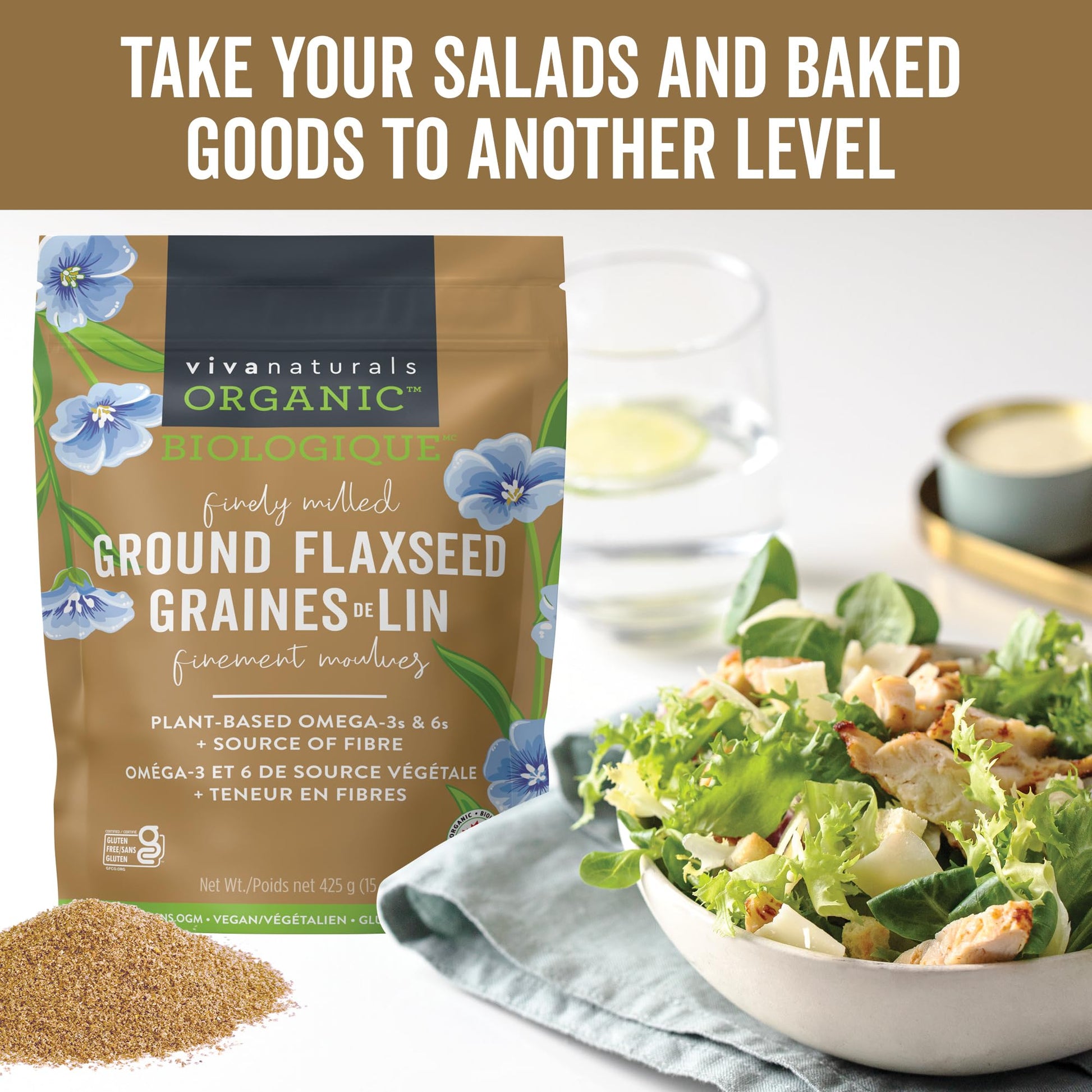 Viva Naturals Canadian-Made Organic Ground Flaxseed - Premium Flax Seeds for Baking, Smoothies - Certified Organic, Non-GMO, Keto & Vegan Friendly Graine De Lin 425 g (15 oz) - Available at All In One Marketplace Canada